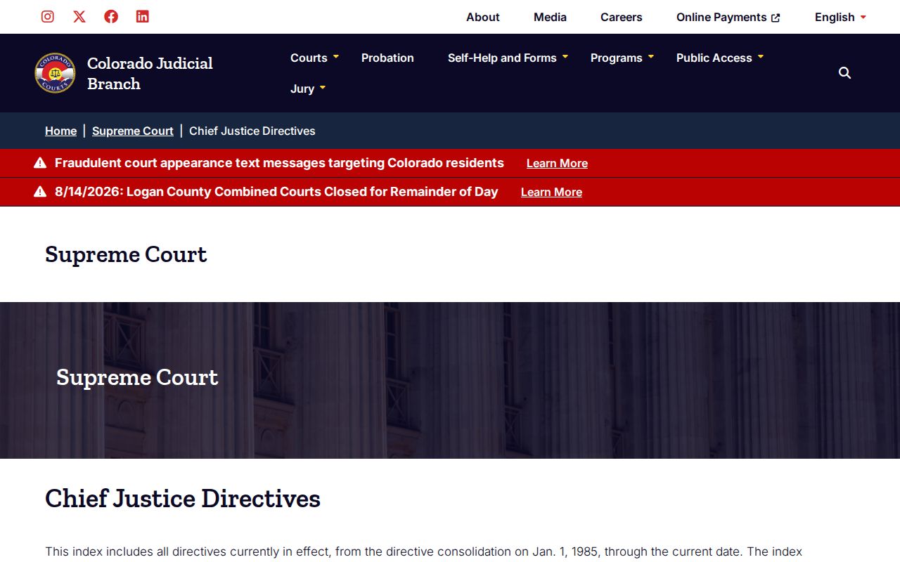 Bayfield court record access Colorado Chief Justice directives index
