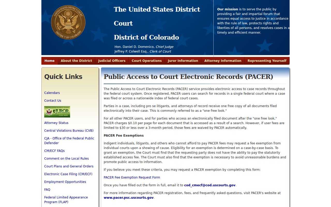 La Plata County case search District of Colorado PACER access page