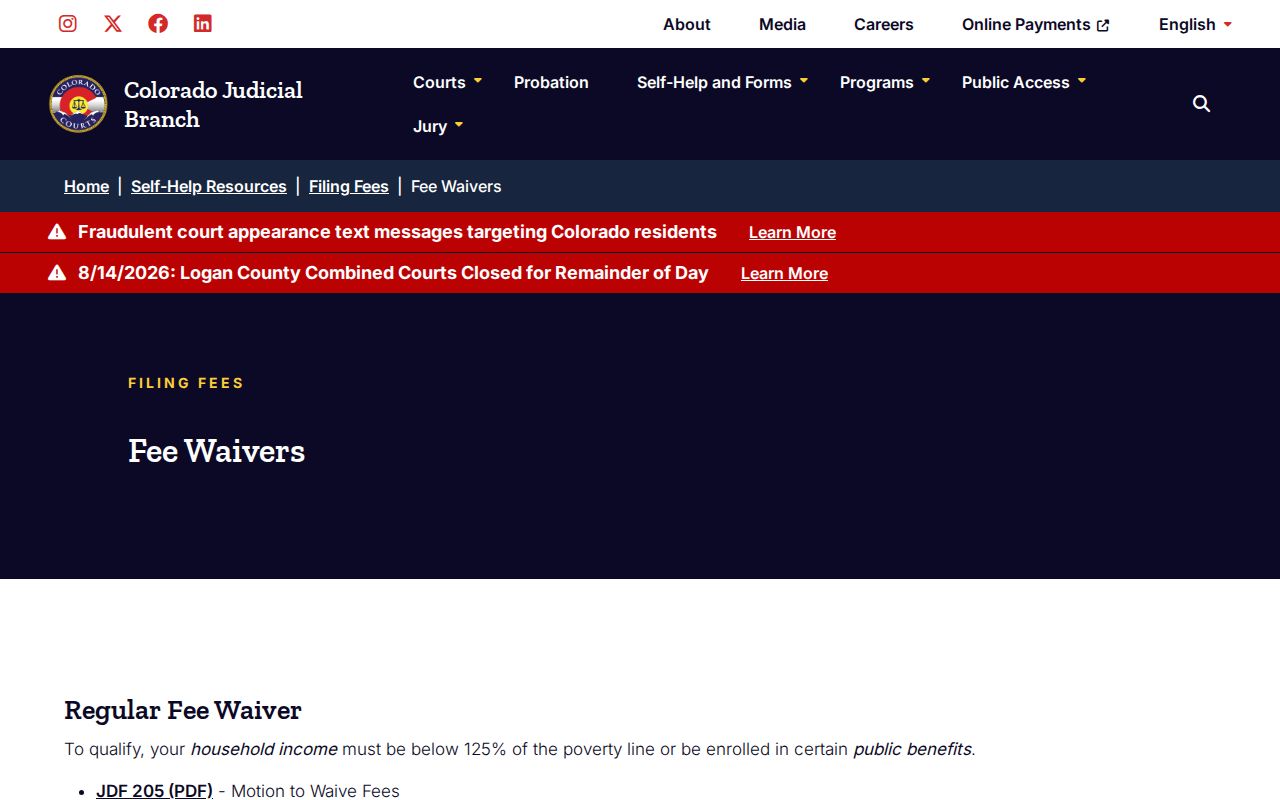 La Plata County civil docket court fee waiver information