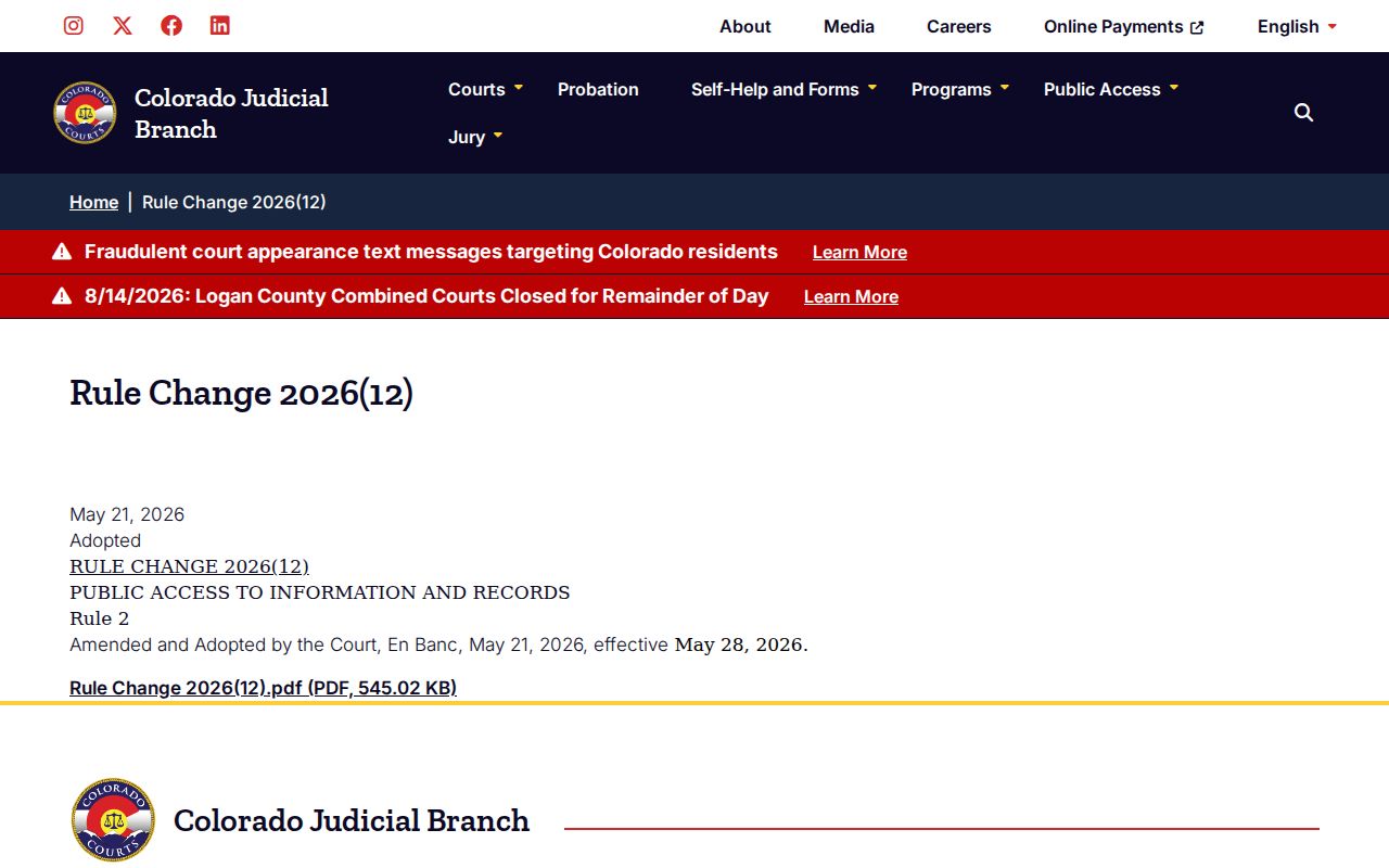 2026 access rule amendment relevant to La Plata County court records