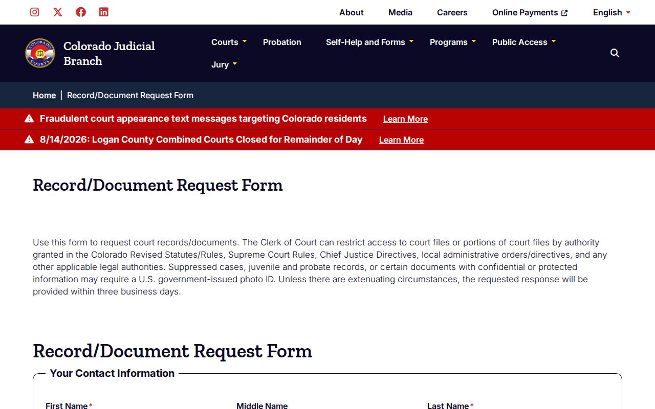 La Plata County court record request form