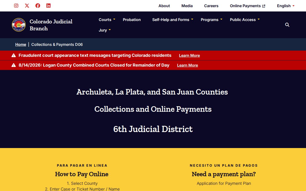 La Plata County criminal docket collections and payments page