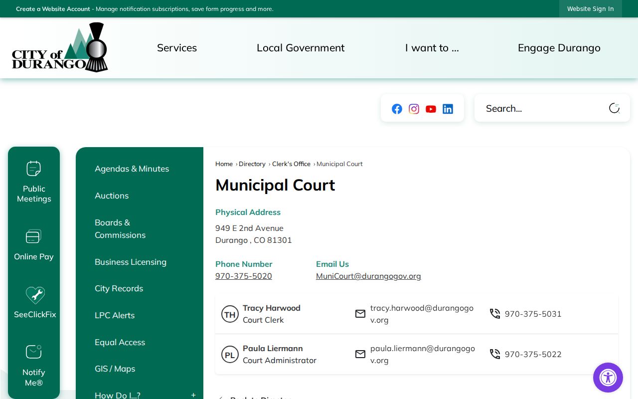 Durango court docket municipal clerk directory