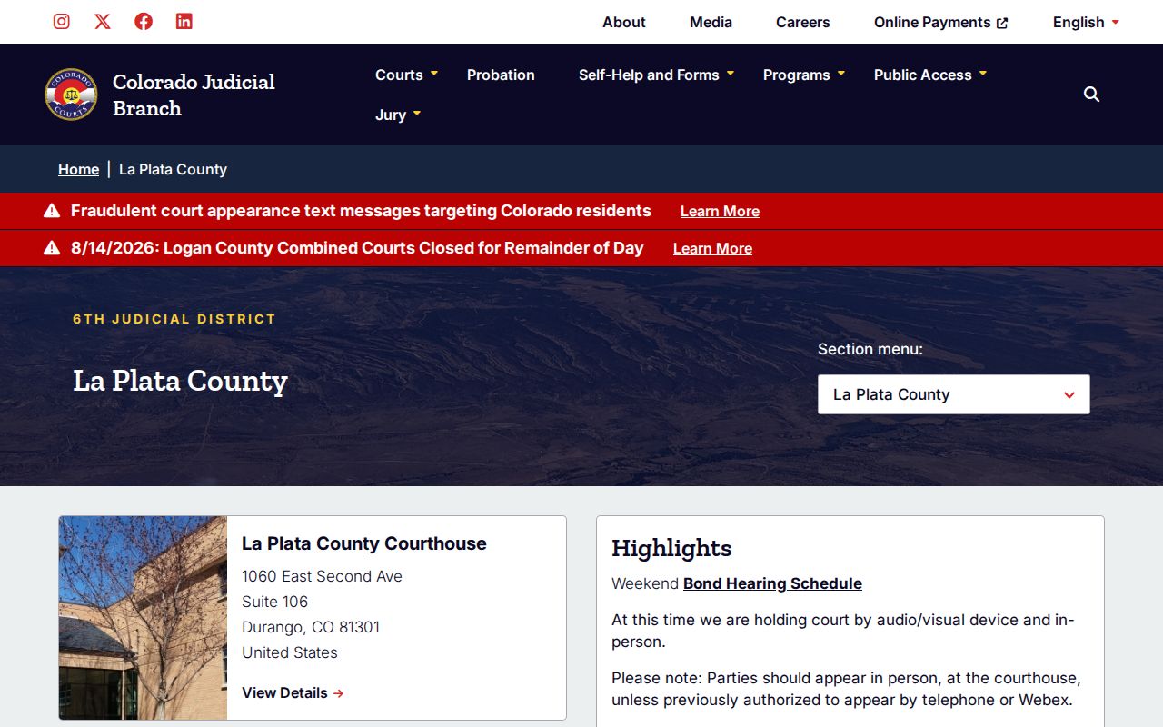 La Plata County court docket access on the Combined Courts page